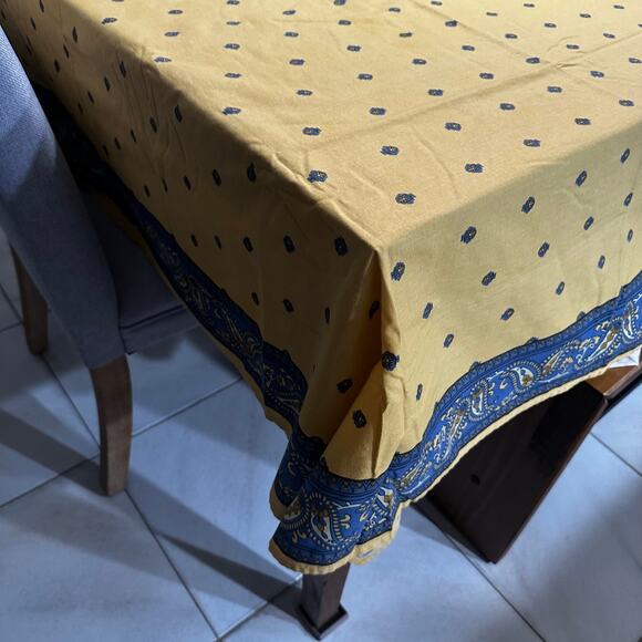 Vintage JCPenney Tablecloth Yellow Blue Block Print Rectangle French Country - Picture 3 of 12